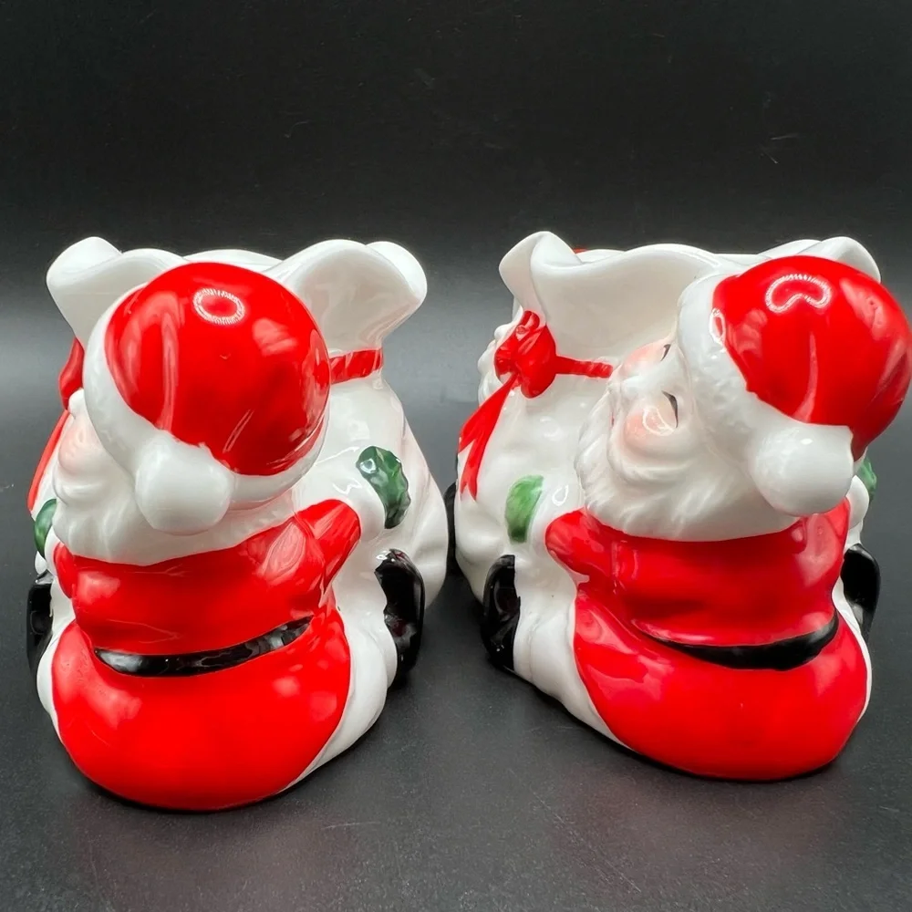 Vintage Ceramic Santas w/ Toy Bag Candleholder Pair Made in Taiwan Bone China